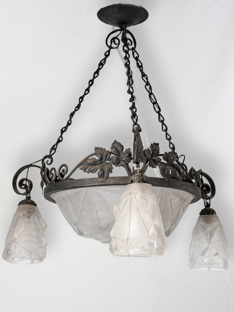 French Art Deco Wrought Iron and Molded Glass Chandelier Signed Degué - 26"