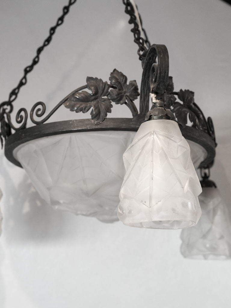 French Art Deco Wrought Iron and Molded Glass Chandelier Signed Degué - 26"