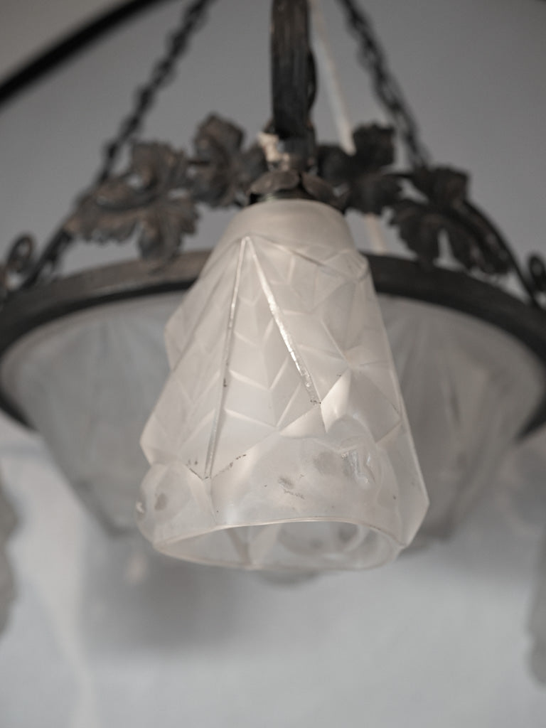 French Art Deco Wrought Iron and Molded Glass Chandelier Signed Degué - 26"