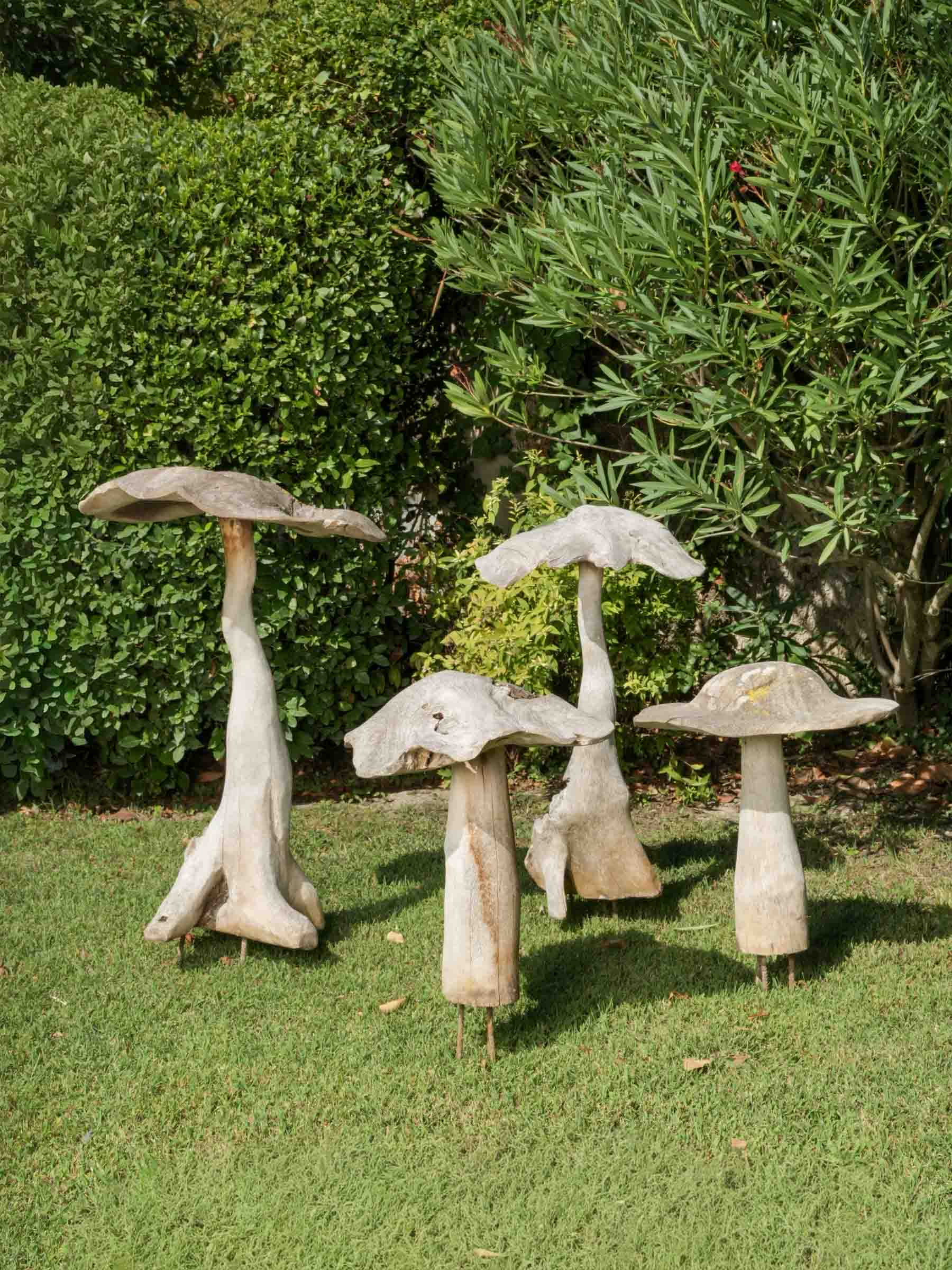 Set of Four Tall Whimsical Wooden Garden Mushrooms