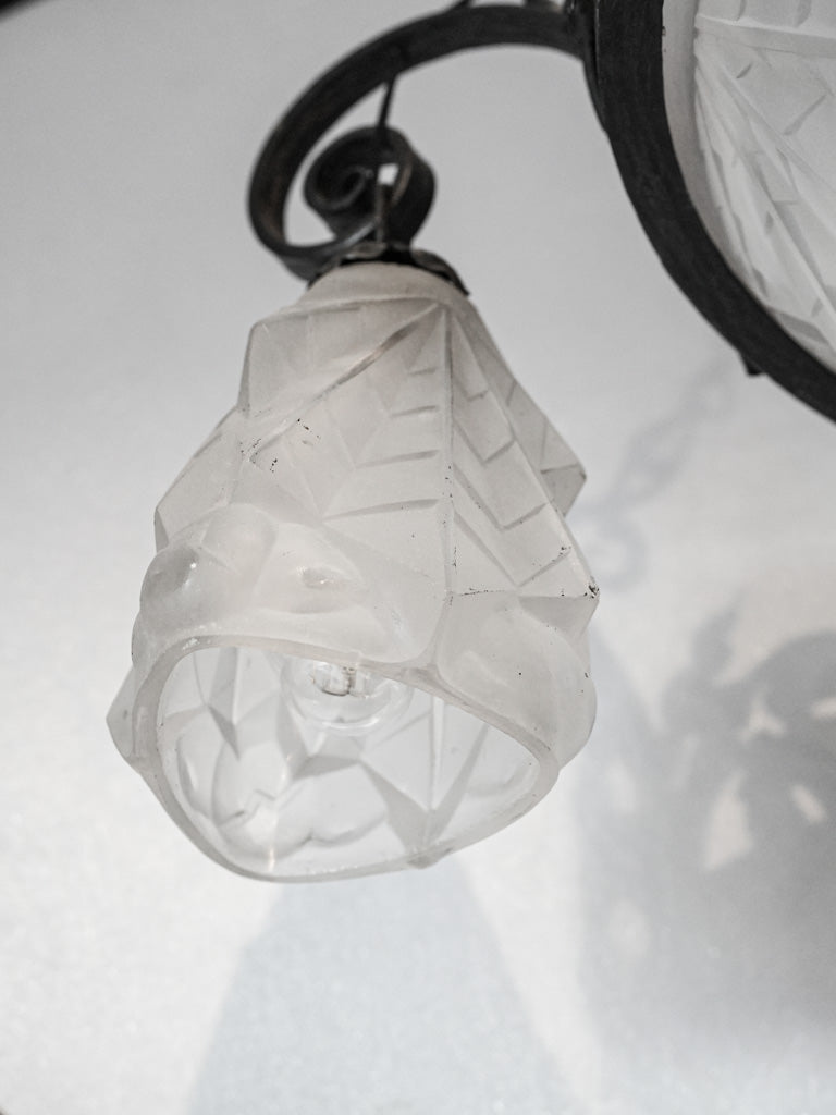 French Art Deco Wrought Iron and Molded Glass Chandelier Signed Degué - 26"