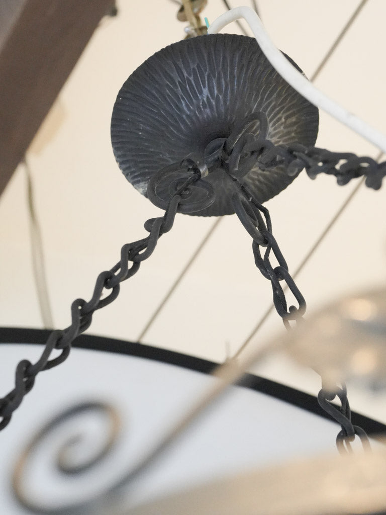 French Art Deco Wrought Iron and Molded Glass Chandelier Signed Degué - 26"