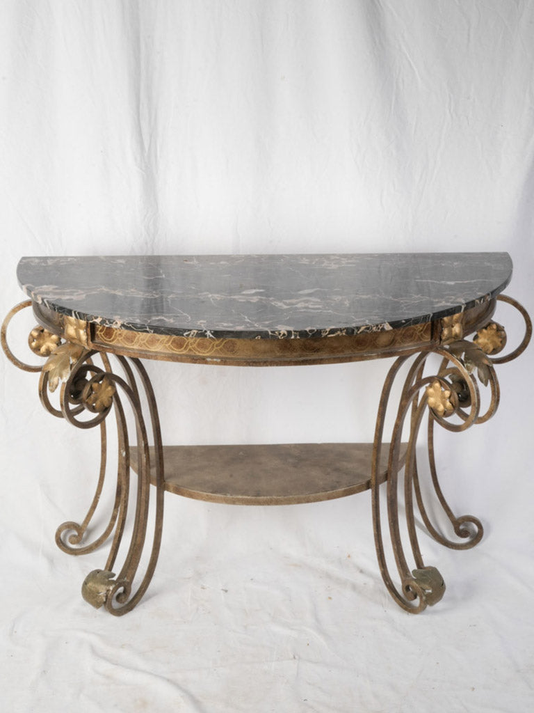 1950s Gilt Wrought Iron Demi Lune Console w/ Handsome Black Marble Top - 50"