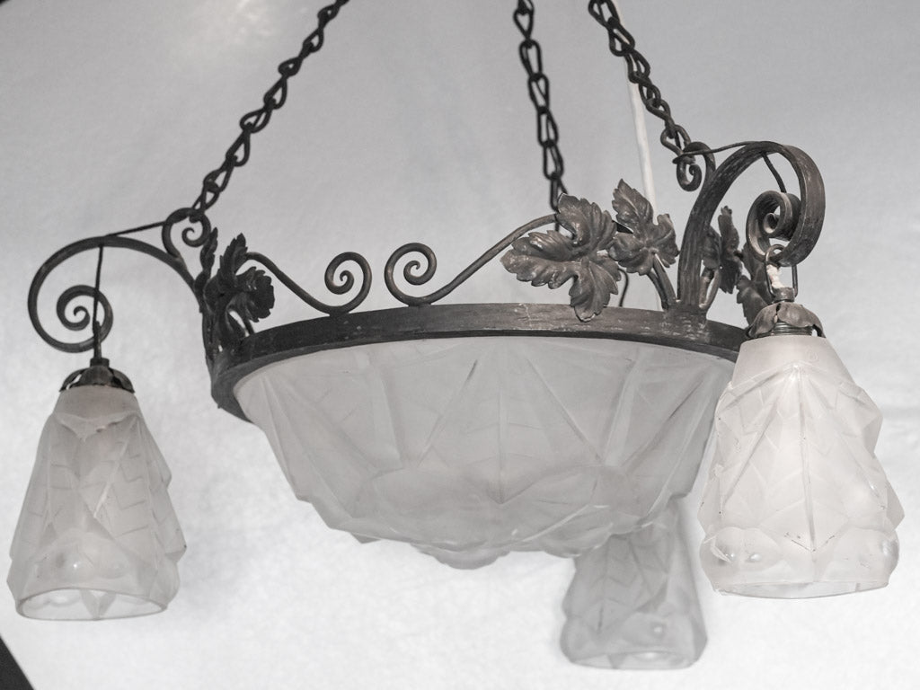 French Art Deco Wrought Iron and Molded Glass Chandelier Signed Degué - 26"