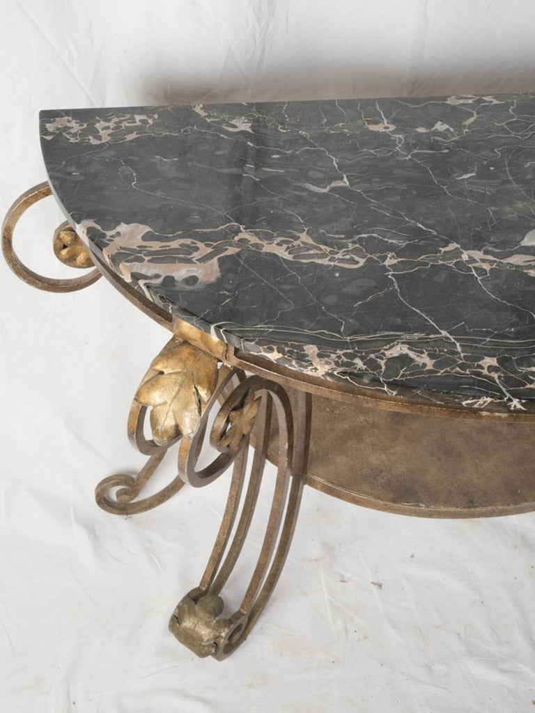1950s Gilt Wrought Iron Demi Lune Console w/ Handsome Black Marble Top - 50"