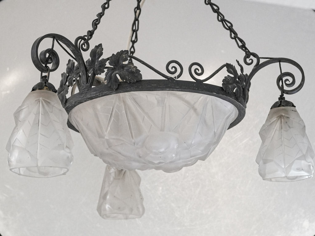French Art Deco Wrought Iron and Molded Glass Chandelier Signed Degué - 26"