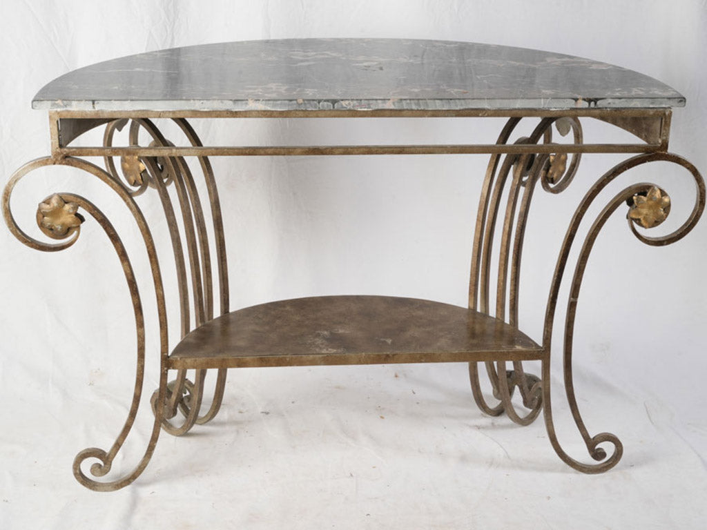 1950s Gilt Wrought Iron Demi Lune Console w/ Handsome Black Marble Top - 50"