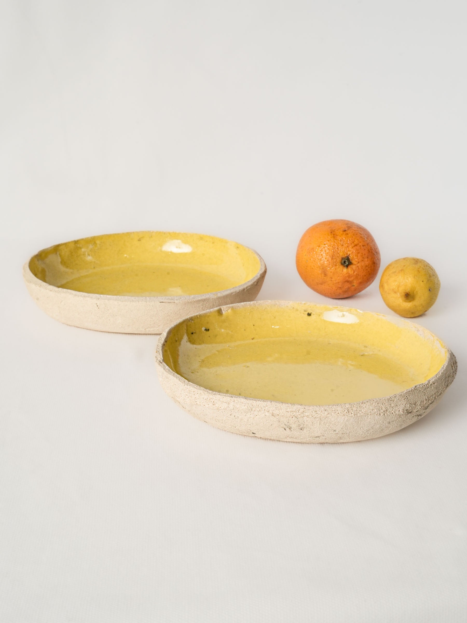 Pair of Contemporary Artisan Ceramic Dishes w/ Bright Yellow Glaze - 8"