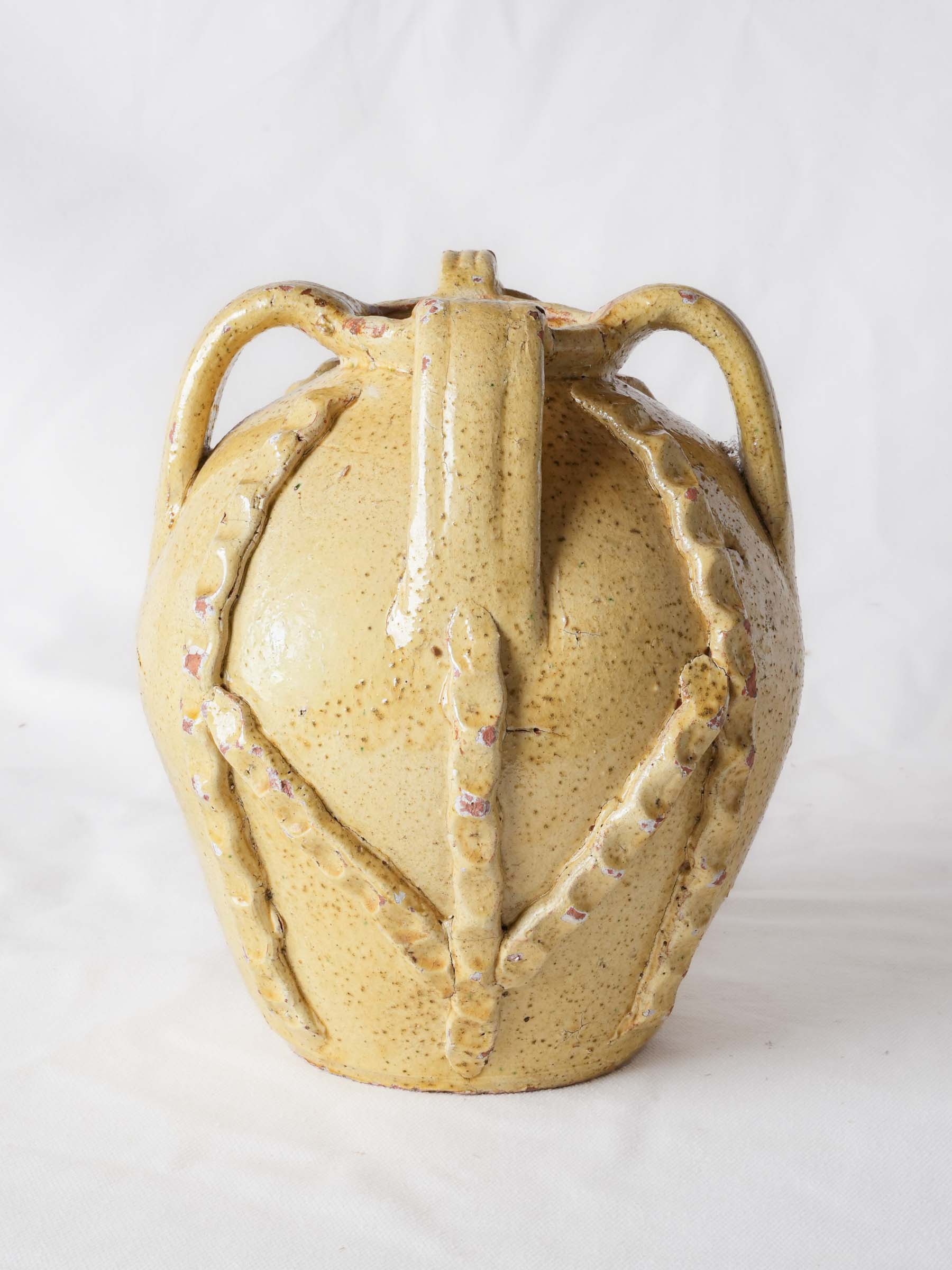 Early to Mid-20th-Century Yellow-Glazed Ceramic Jug w/ Thumb-Pressed Decoration - 9"