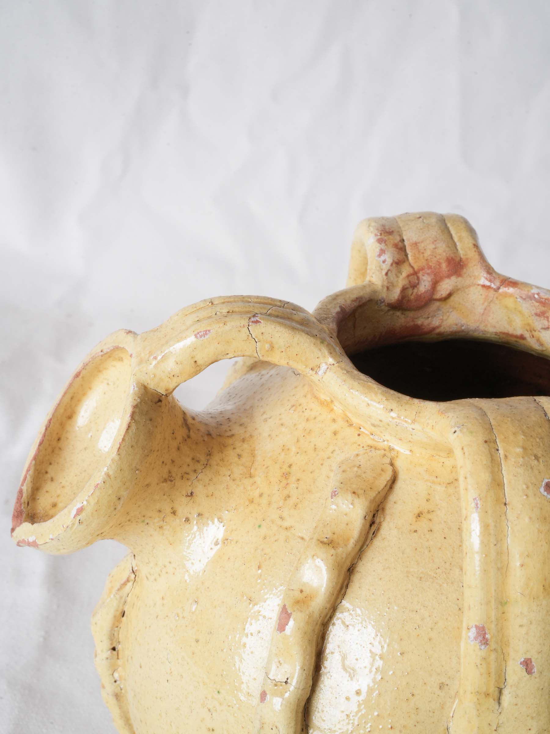 Early to Mid-20th-Century Yellow-Glazed Ceramic Jug w/ Thumb-Pressed Decoration - 9"