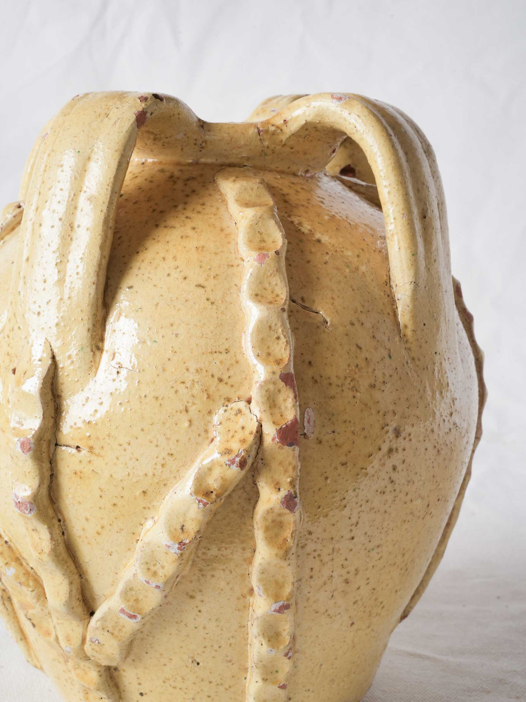 Early to Mid-20th-Century Yellow-Glazed Ceramic Jug w/ Thumb-Pressed Decoration - 9"