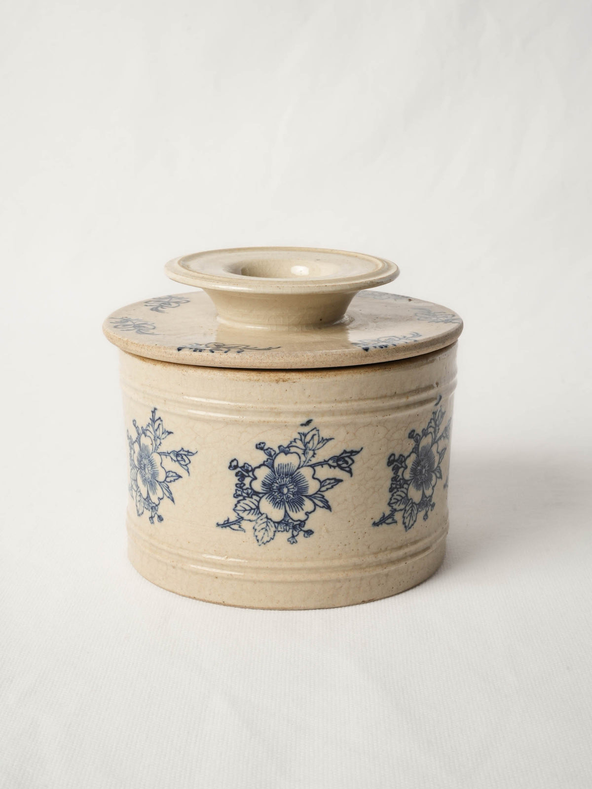 Antique French Butter Keeper w/ Blue Floral Decoration - 5½"