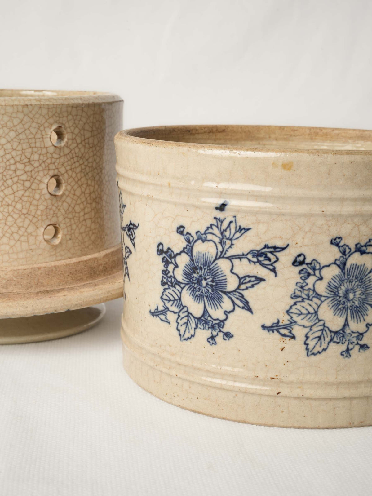 Antique French Butter Keeper w/ Blue Floral Decoration - 5½"
