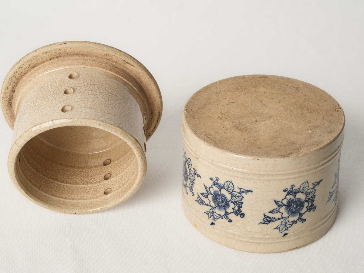 Antique French Butter Keeper w/ Blue Floral Decoration - 5½"