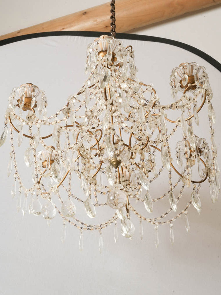 Petite French Six Light Glass Chandelier with Rich Sparkling Drops 1950s - 26" x 25½"