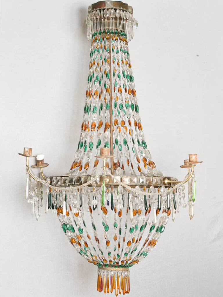Striking Antique Venetian Chandelier w/ Emerald Green & Amber Glass Drops - 44½" x 43"