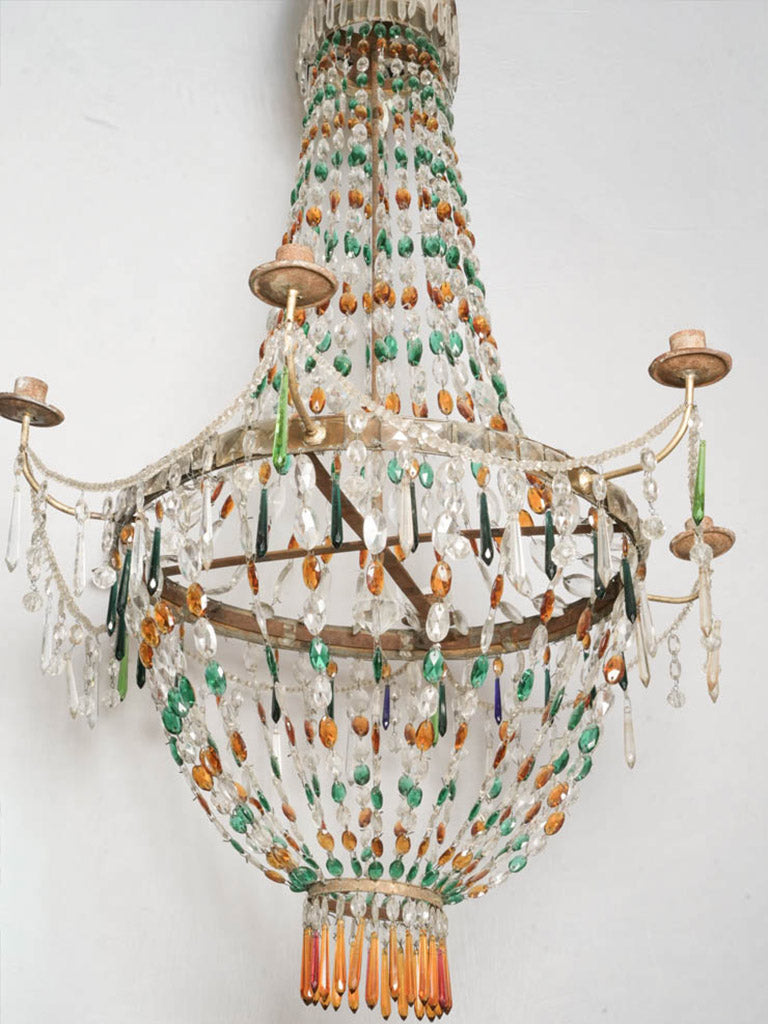 Striking Antique Venetian Chandelier w/ Emerald Green & Amber Glass Drops - 44½" x 43"