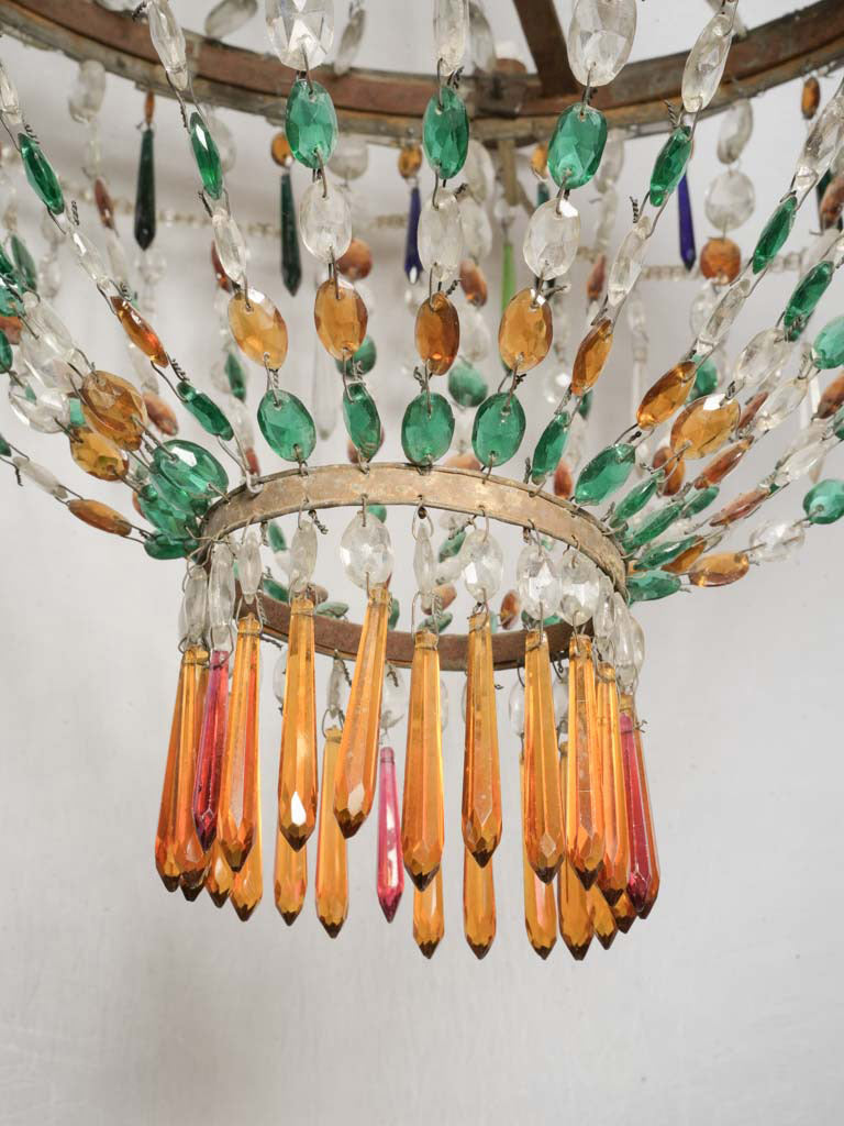 Striking Antique Venetian Chandelier w/ Emerald Green & Amber Glass Drops - 44½" x 43"