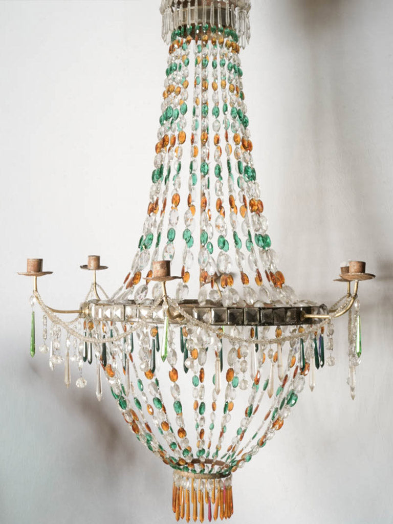 Striking Antique Venetian Chandelier w/ Emerald Green & Amber Glass Drops - 44½" x 43"