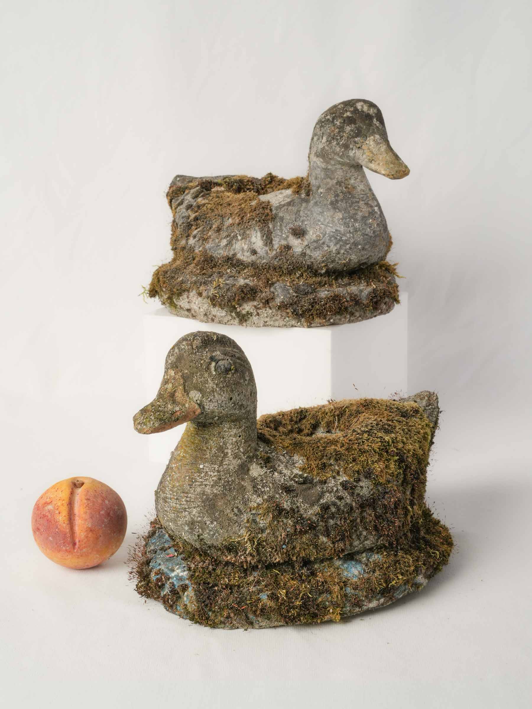 Pair of French Concrete Garden Ducks w/ Superb Mossy Patina - 11¾"
