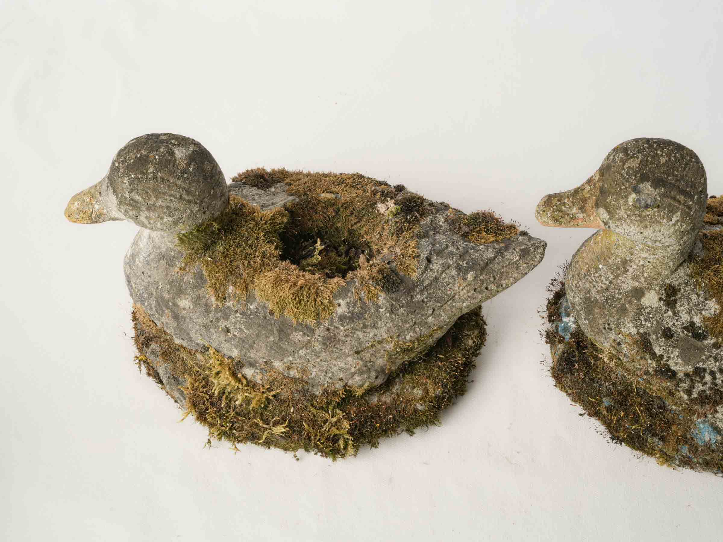 Pair of French Concrete Garden Ducks w/ Superb Mossy Patina - 11¾"