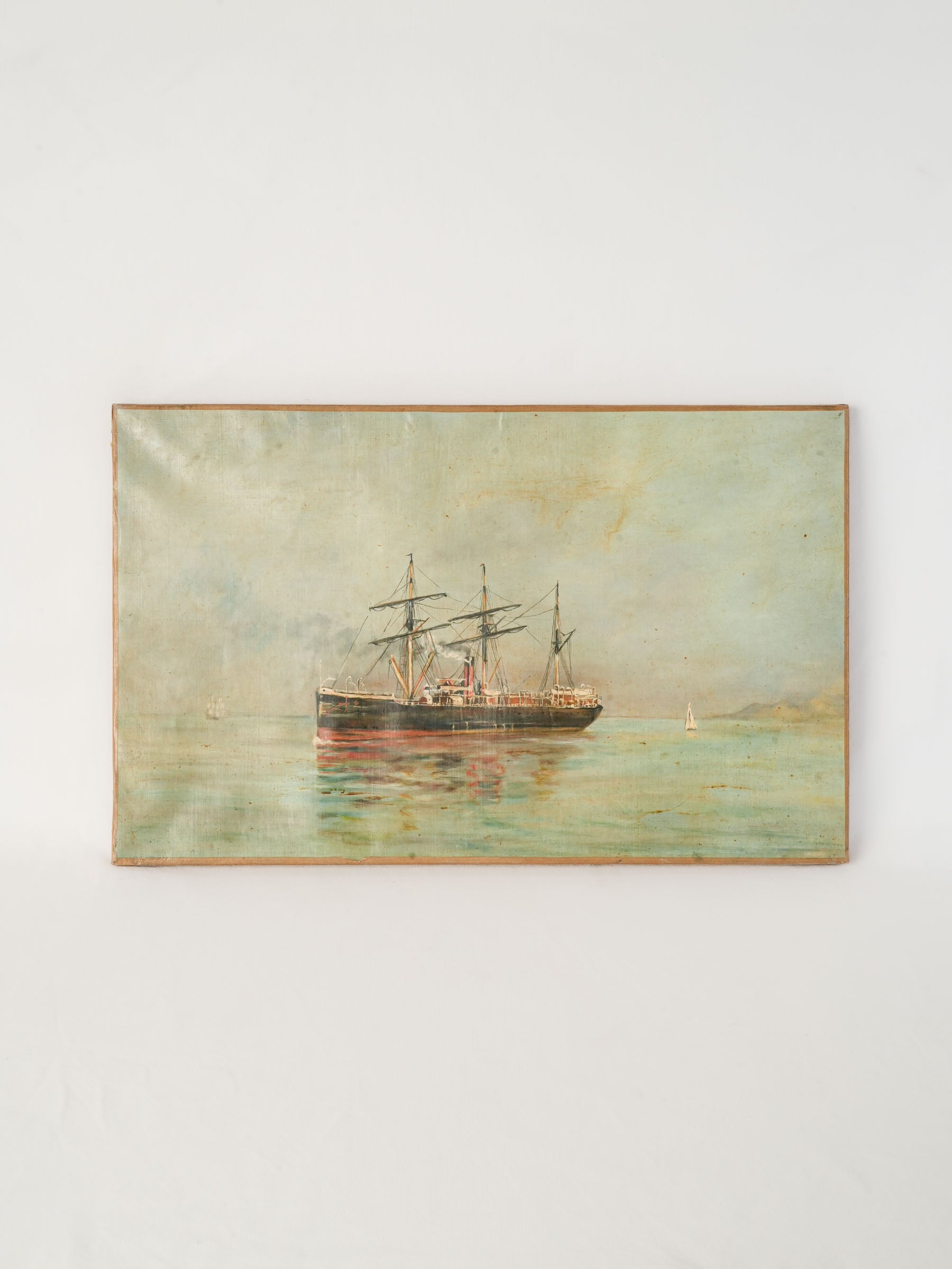Oil on Canvas of a Steam-Powered Sailing Vessel on Calm Waters, c. 1920 - 15¼" x 24½"