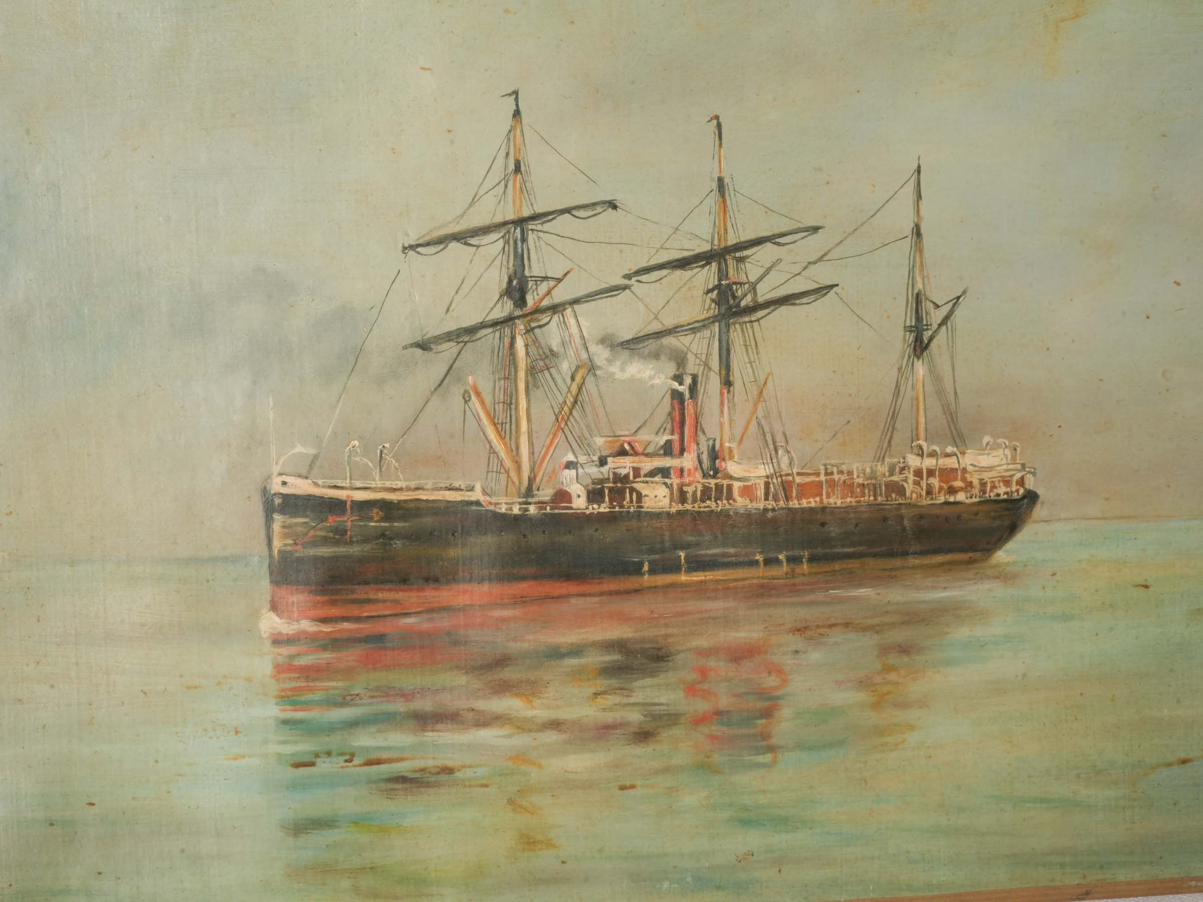 Oil on Canvas of a Steam-Powered Sailing Vessel on Calm Waters, c. 1920 - 15¼" x 24½"