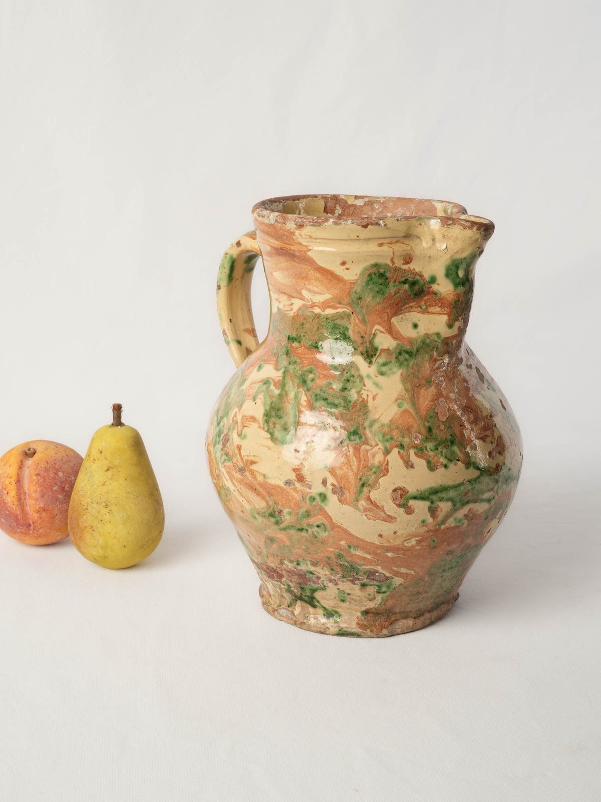 Large Antique Marbled-Glazed Ceramic Pitcher from the French Alps - 10¾"