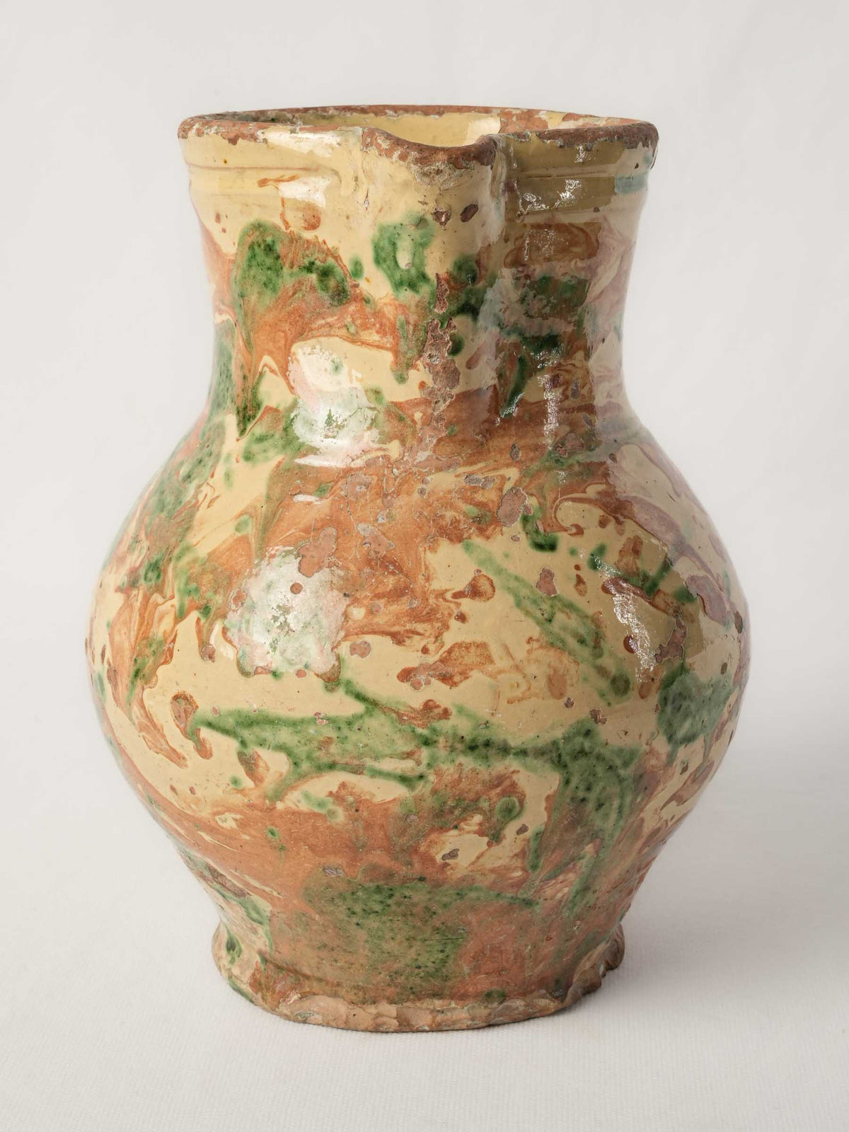Large Antique Marbled-Glazed Ceramic Pitcher from the French Alps - 10¾"