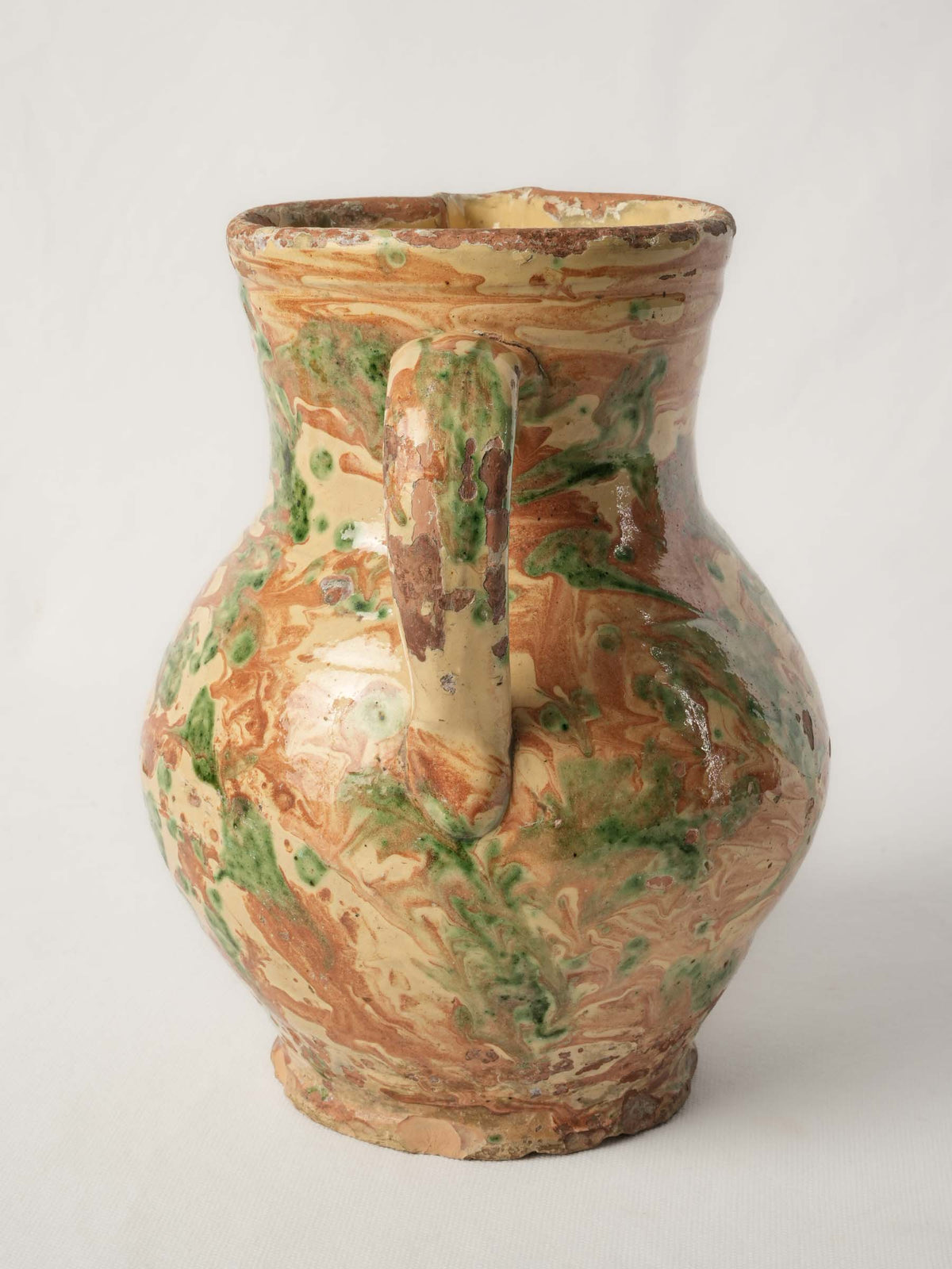 Large Antique Marbled-Glazed Ceramic Pitcher from the French Alps - 10¾"