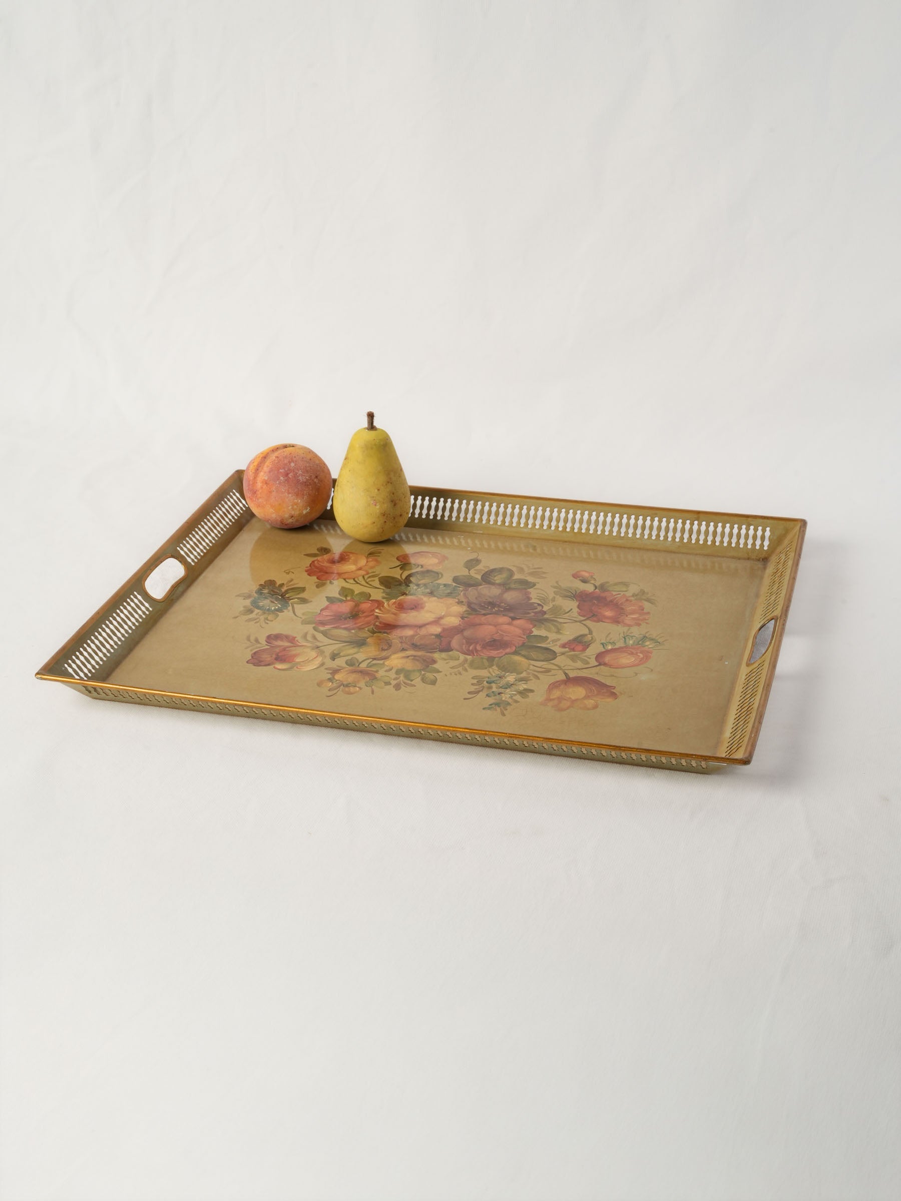 Mid-20th-Century French Painted Metal Serving Tray with Floral Bouquet - 20"