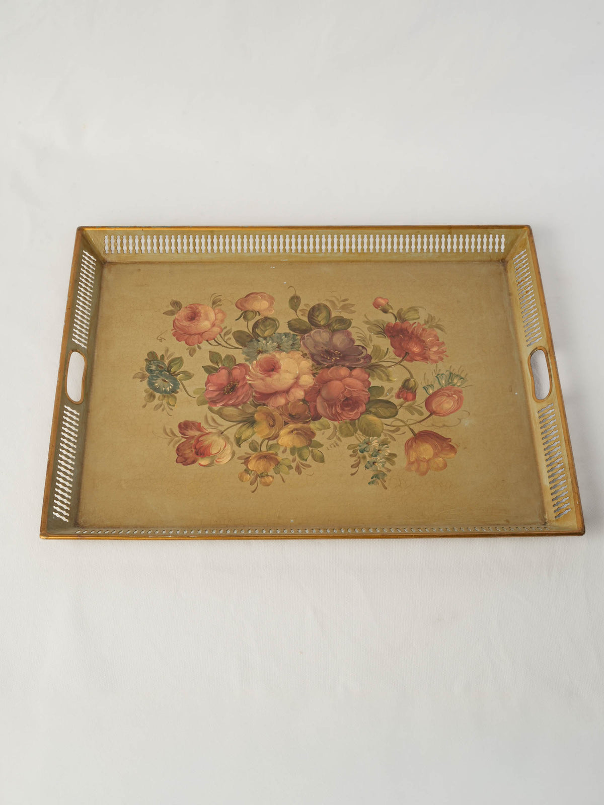 Mid-20th-Century French Painted Metal Serving Tray with Floral Bouquet - 20"
