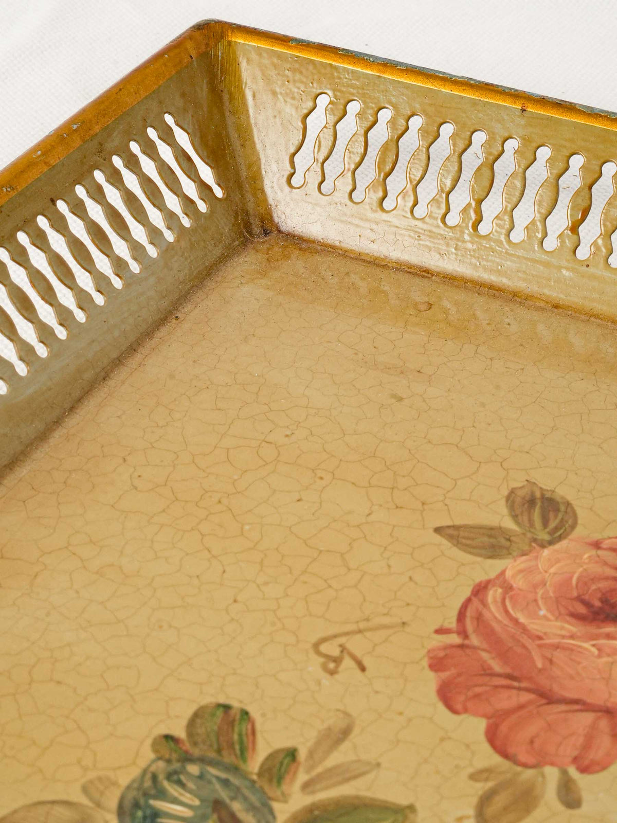 Mid-20th-Century French Painted Metal Serving Tray with Floral Bouquet - 20"