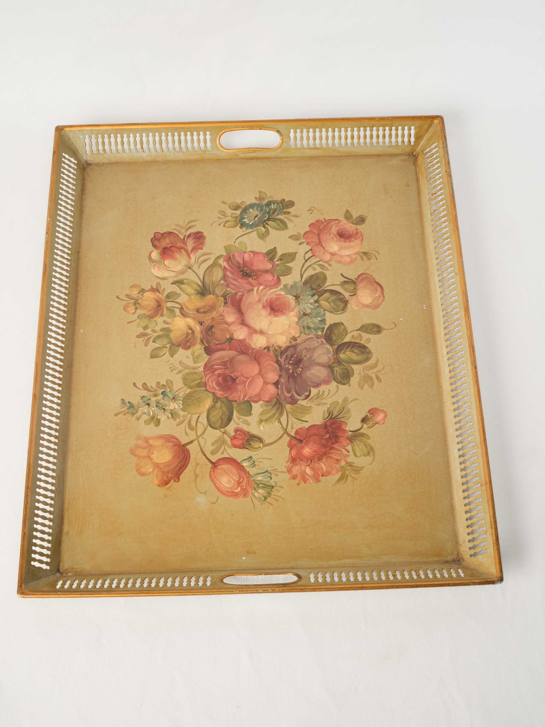 Mid-20th-Century French Painted Metal Serving Tray with Floral Bouquet - 20"