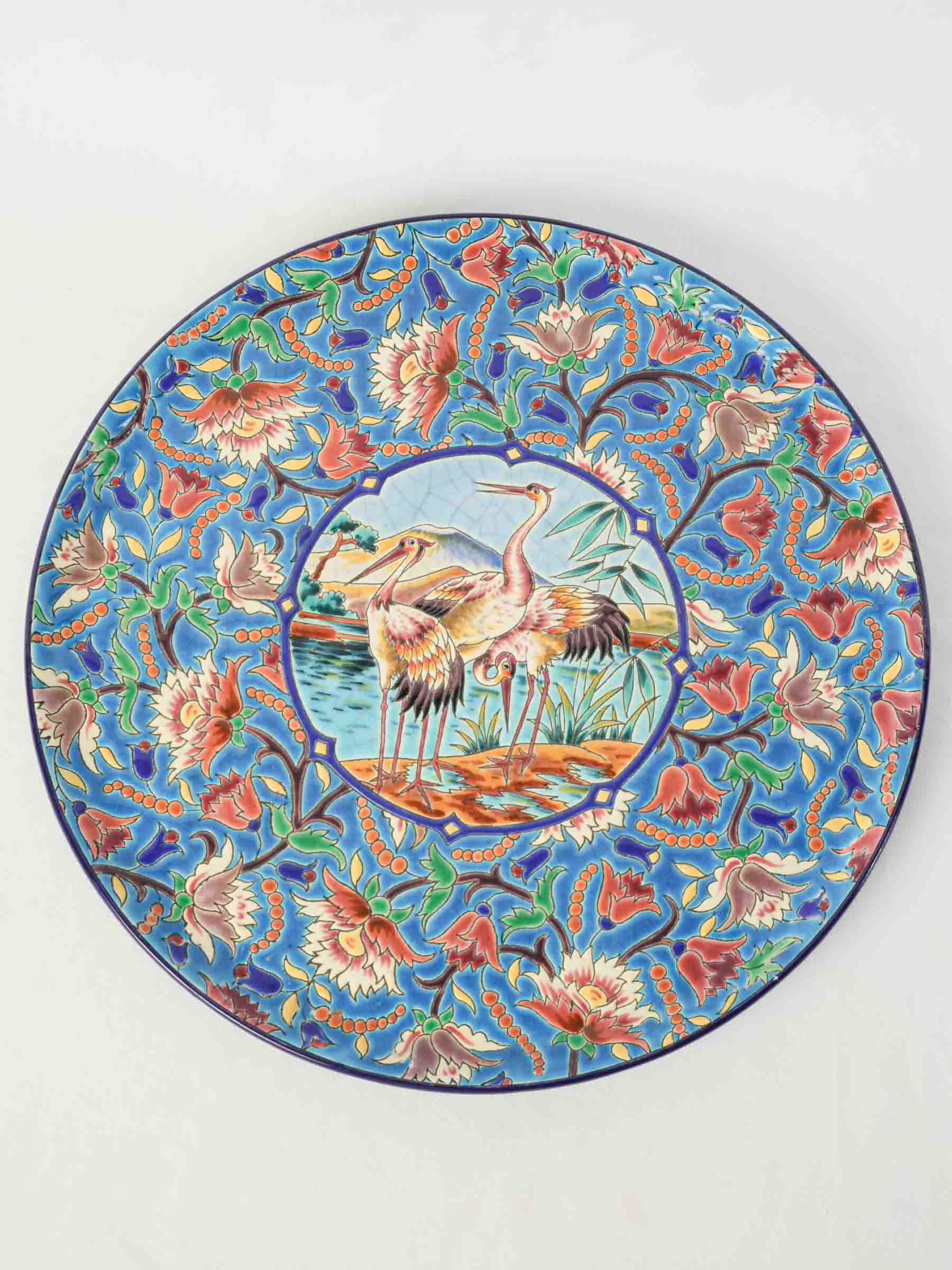 Large Art Deco "Émaux de Longwy" Decorative Dish w/ Japanese Cranes - 14¼"