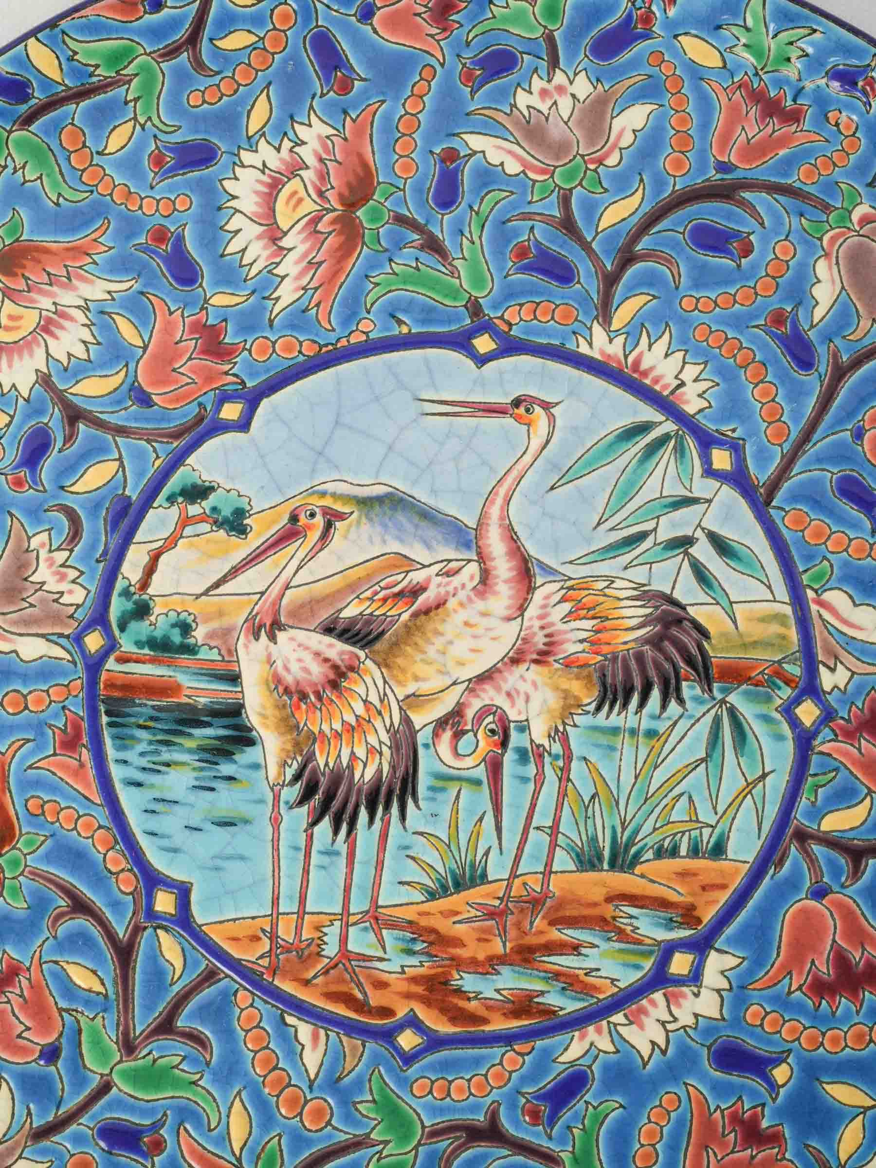 Large Art Deco "Émaux de Longwy" Decorative Dish w/ Japanese Cranes - 14¼"