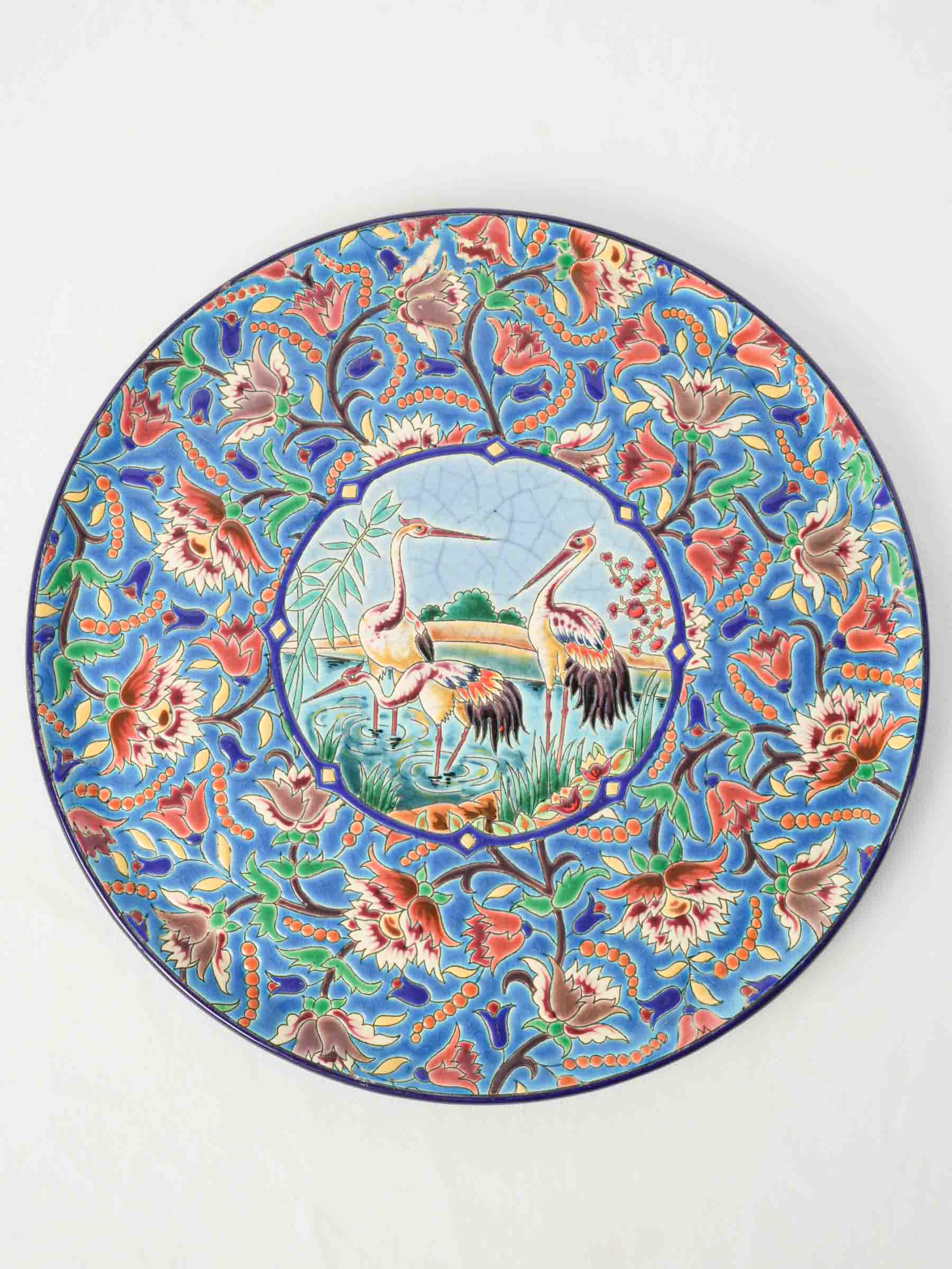 Large 1950s Longwy Enamel Dish with Cranes Among Bamboo and Reeds - 14¼"