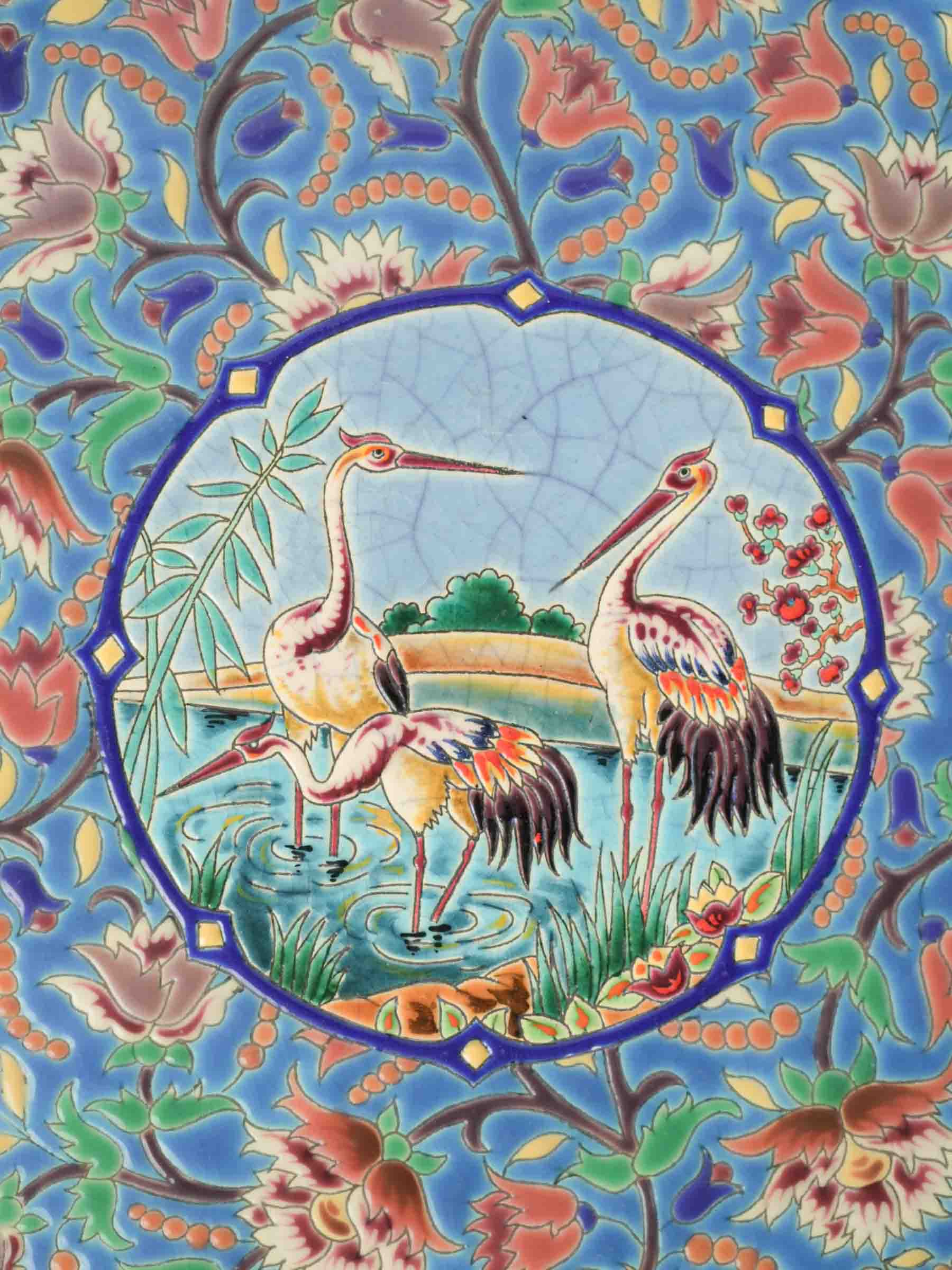 Large 1950s Longwy Enamel Dish with Cranes Among Bamboo and Reeds - 14¼"