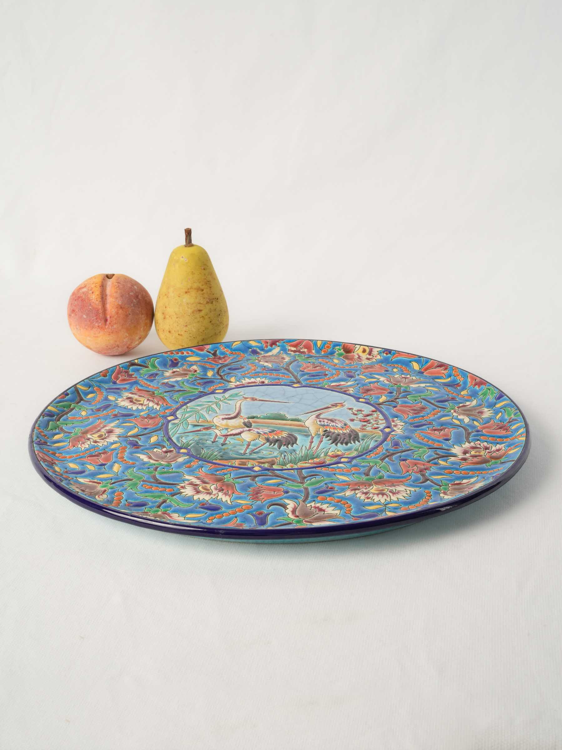 Large 1950s Longwy Enamel Dish with Cranes Among Bamboo and Reeds - 14¼"