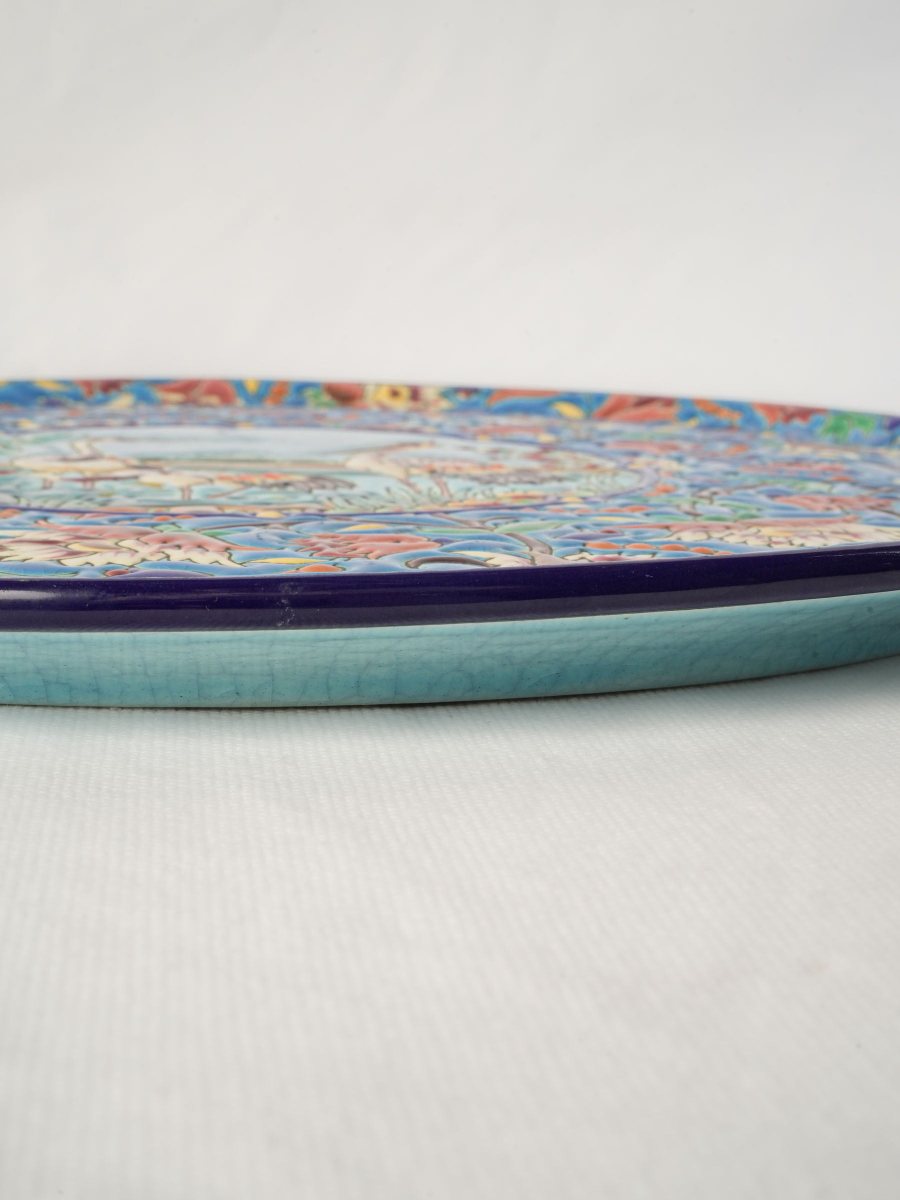 Large 1950s Longwy Enamel Dish with Cranes Among Bamboo and Reeds - 14¼"