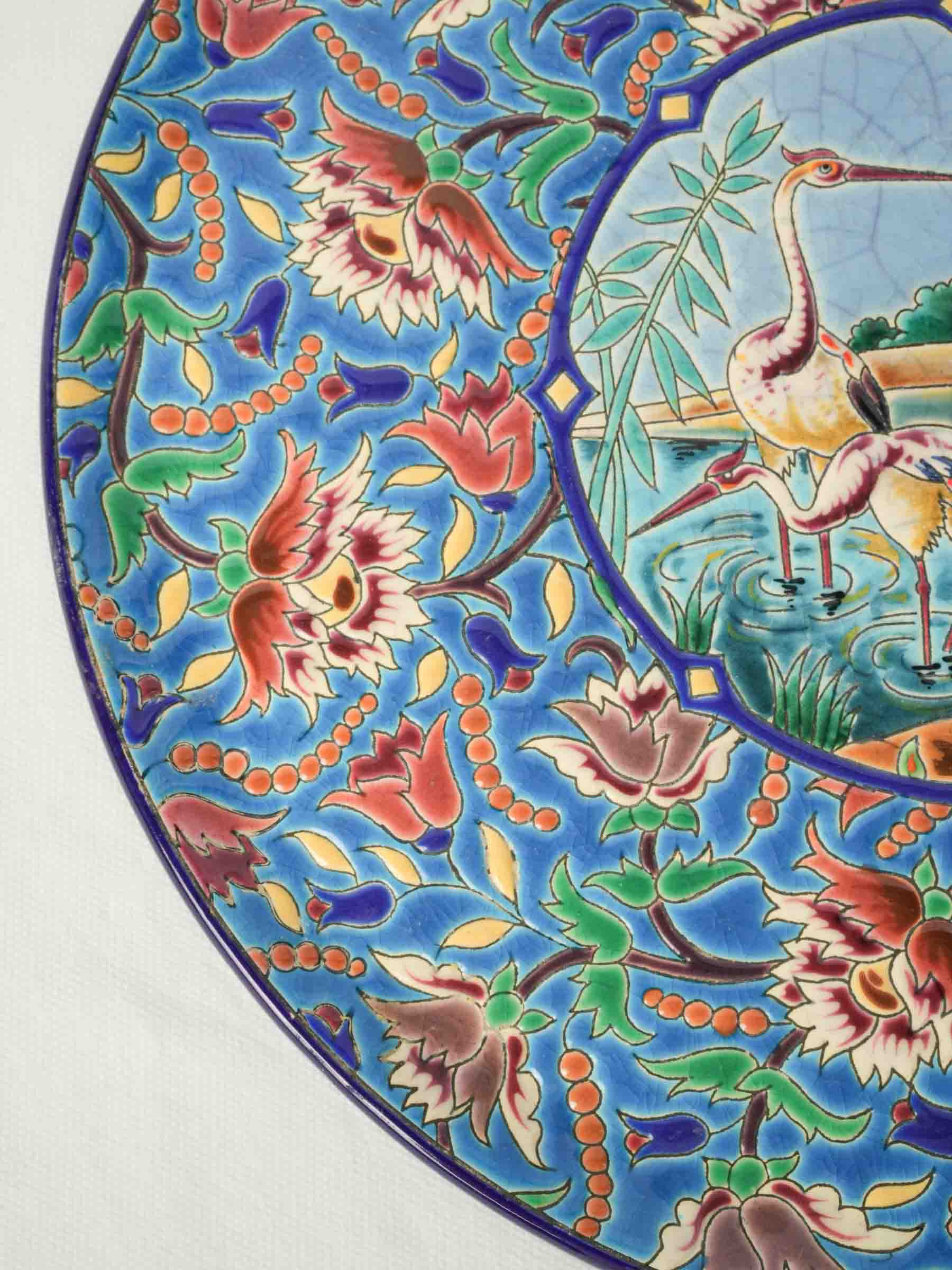 Large 1950s Longwy Enamel Dish with Cranes Among Bamboo and Reeds - 14¼"