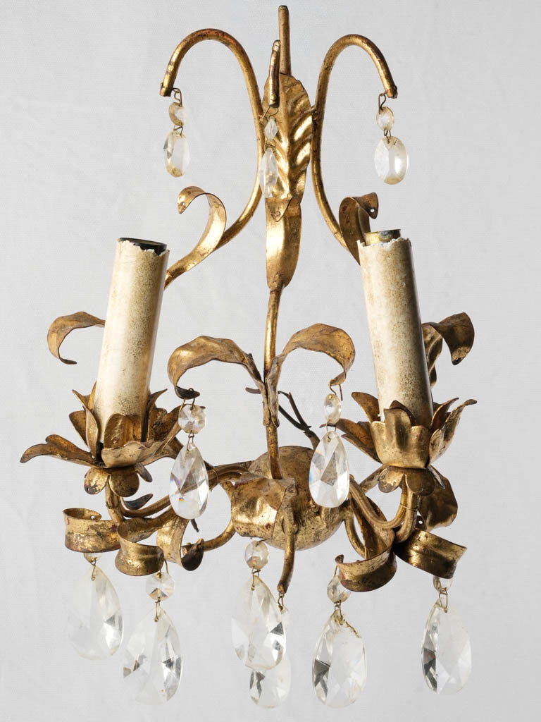 Petite Mid-Century French Gilt Tole Two-Light Sconce w/ Crystal Drops - 13¾"