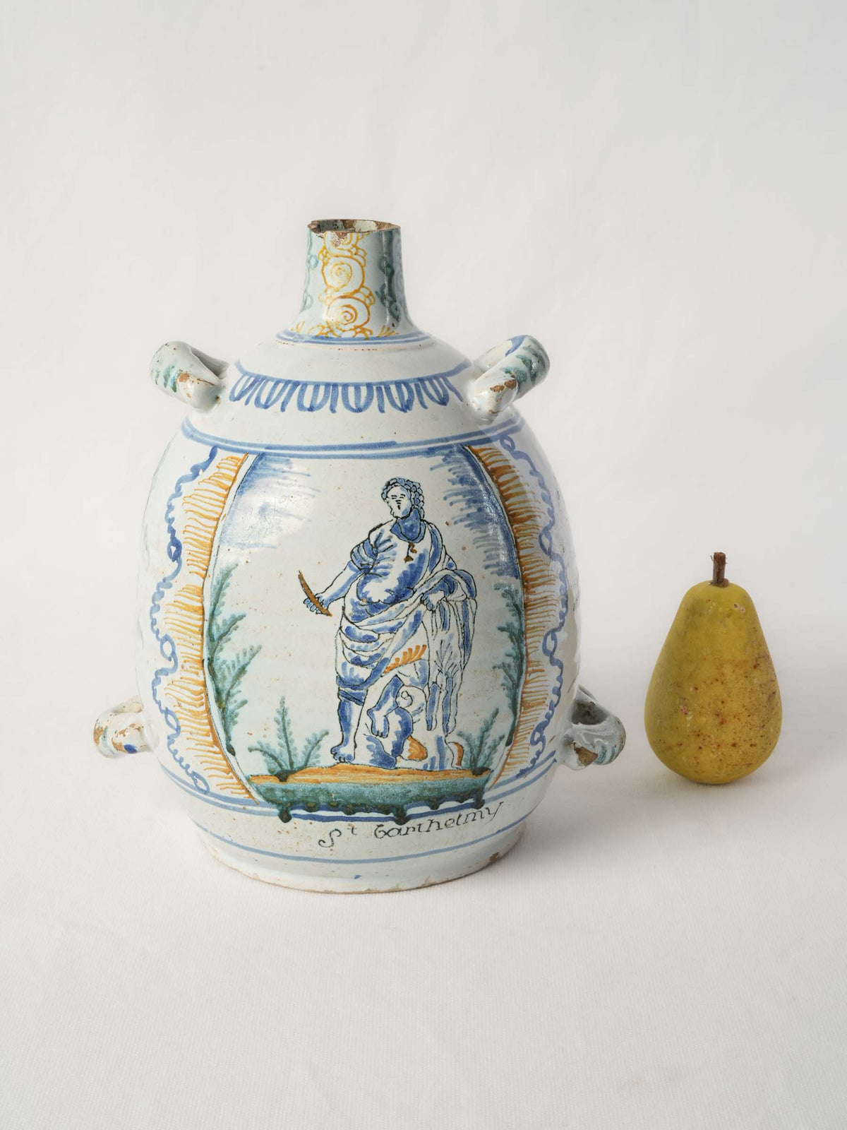 18th-Century French Faience Pilgrim Flask with Saint Bartholomew Decoration - 11¾"