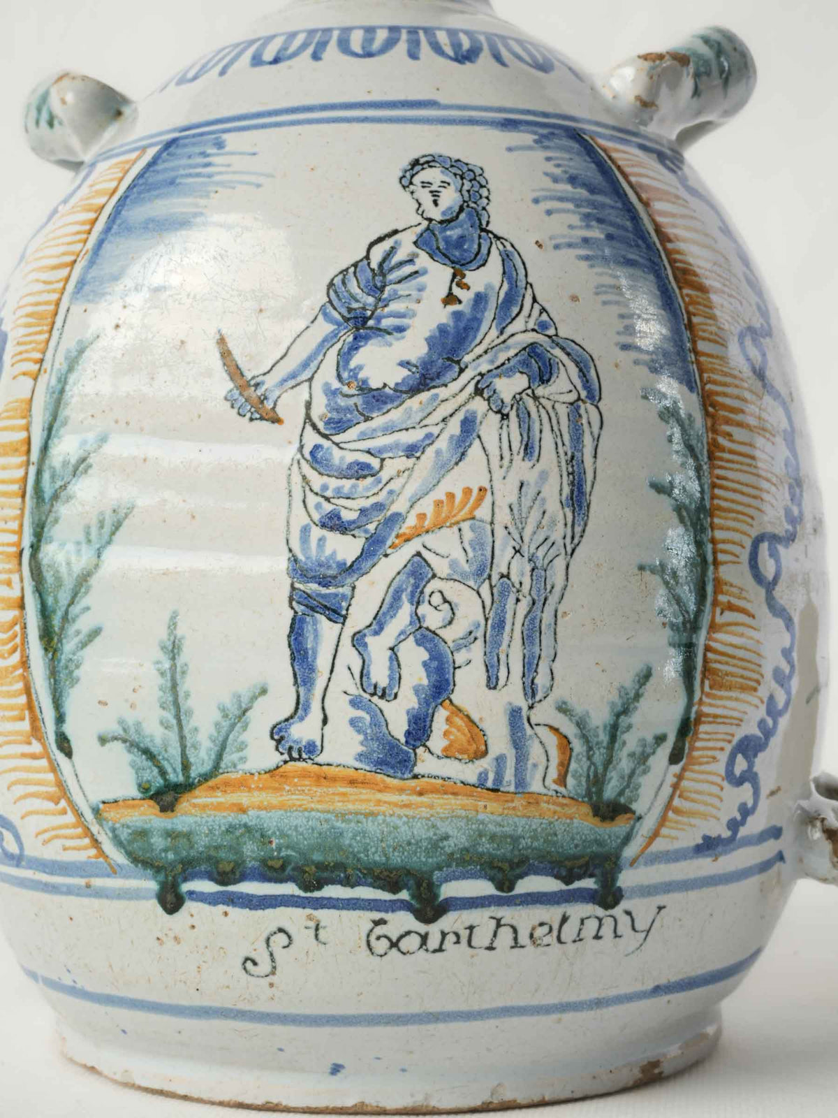 18th-Century French Faience Pilgrim Flask with Saint Bartholomew Decoration - 11¾"