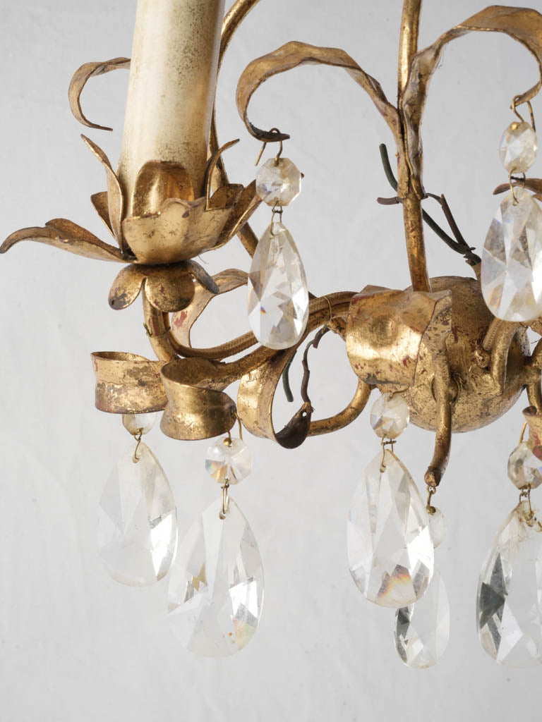 Petite Mid-Century French Gilt Tole Two-Light Sconce w/ Crystal Drops - 13¾"