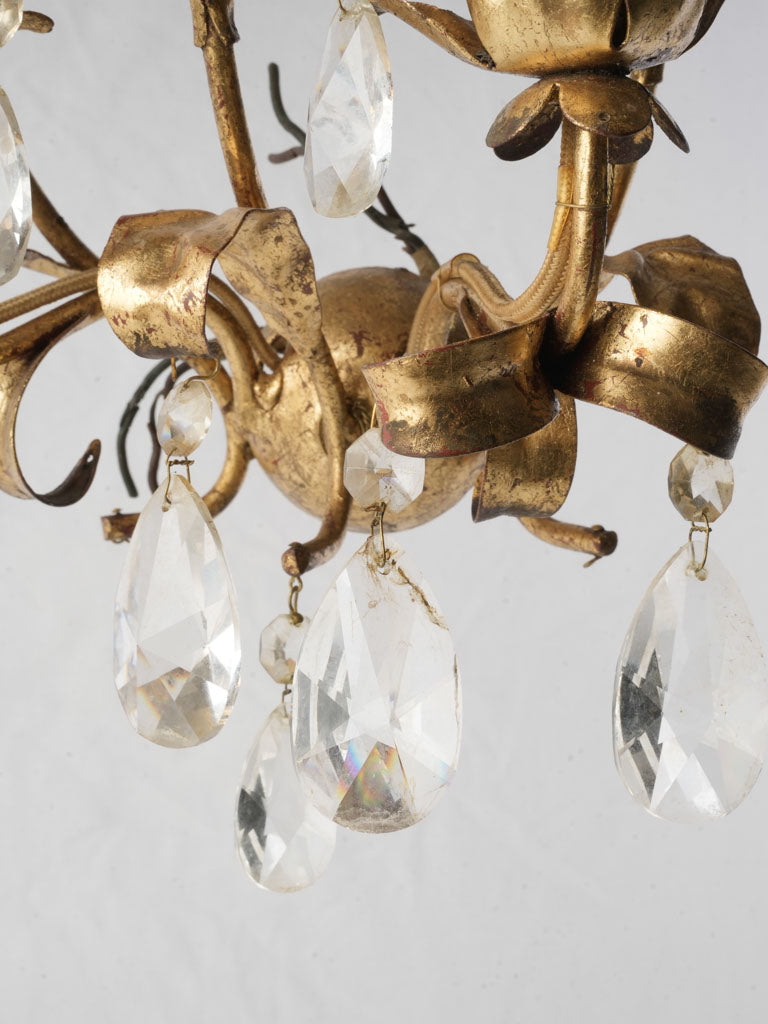 Petite Mid-Century French Gilt Tole Two-Light Sconce w/ Crystal Drops - 13¾"