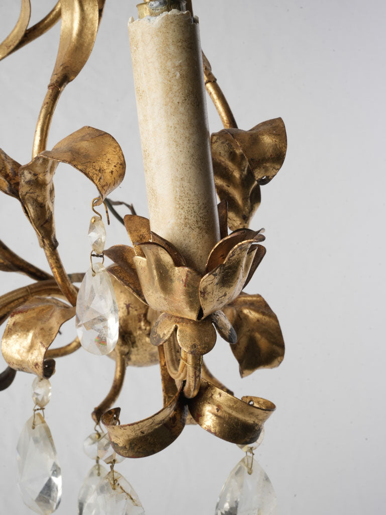Petite Mid-Century French Gilt Tole Two-Light Sconce w/ Crystal Drops - 13¾"