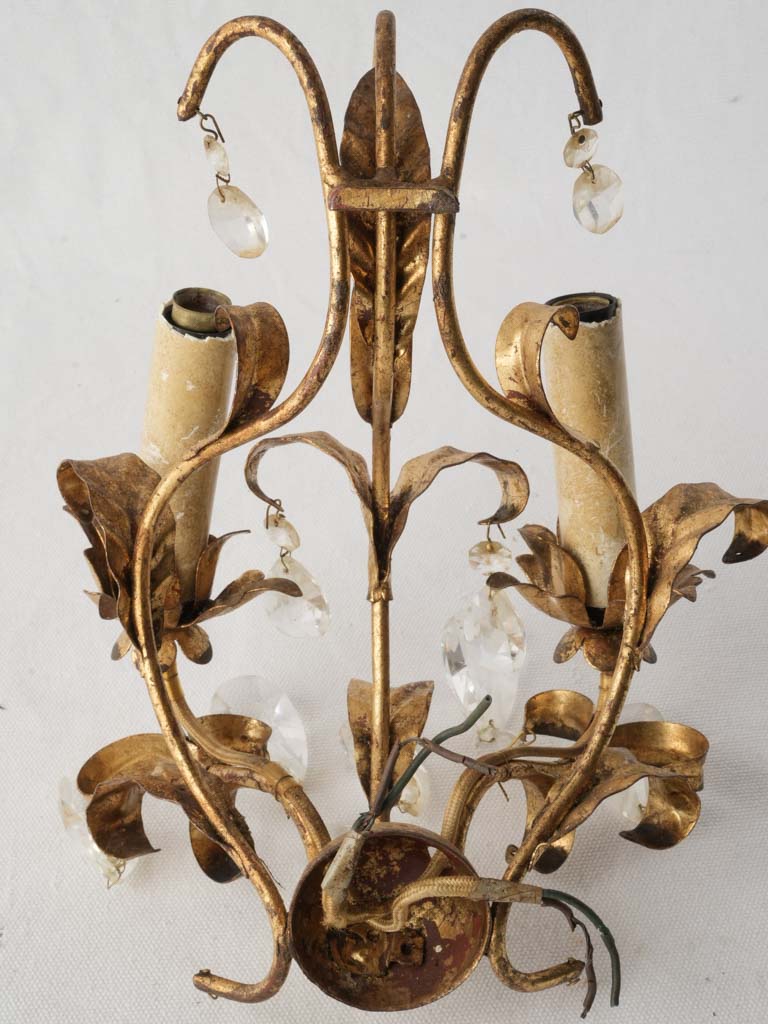 Petite Mid-Century French Gilt Tole Two-Light Sconce w/ Crystal Drops - 13¾"