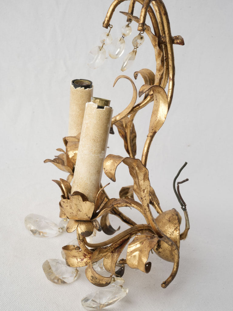 Petite Mid-Century French Gilt Tole Two-Light Sconce w/ Crystal Drops - 13¾"