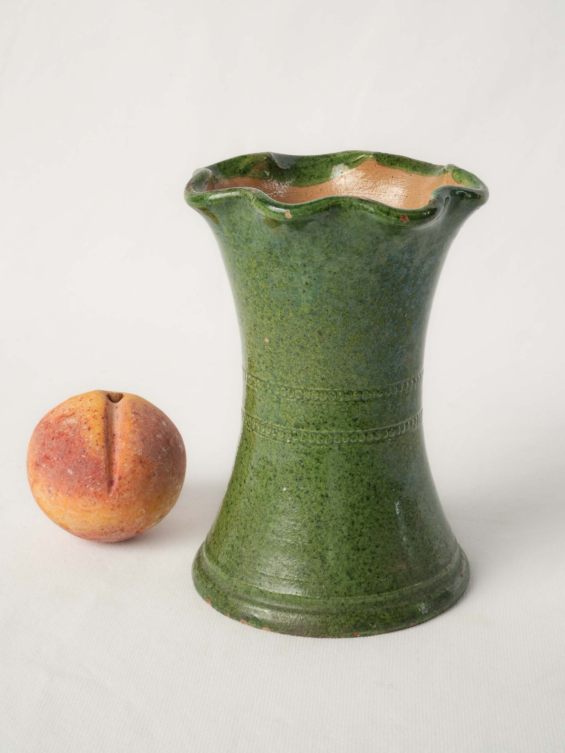 Small Vintage Castelnaudary Green-Glazed Ceramic Vase w/ Wavy Rim - 7½"